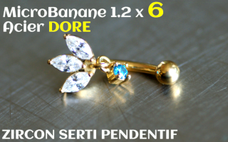 Banane 1.2 x 6 - Acier dore - zircons sertis aiguemarine pendentif