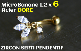 Banane 1.2 x 6 - Acier dore - zircons sertis cristal pendentif