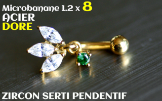 Banane 1.2 x 8 - Acier dore - zircons sertis emeraude pendentif