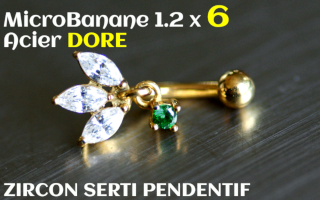 Banane 1.2 x 6 - Acier dore - zircons sertis emeraude pendentif