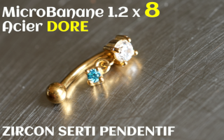 Banane 1.2 x 8 - Acier dore - zircons sertis aiguemarine pendentif