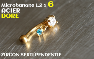 Banane 1.2 x 6 - Acier dore - zircons sertis aiguemarine pendentif