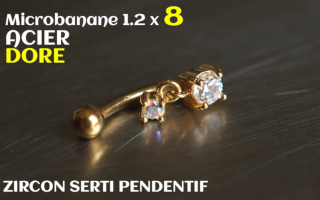 Banane 1.2 x 8 - Acier dore - zircons sertis irise pendentif