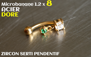 Banane 1.2 x 8 - Acier dore - zircons sertis emeraude pendentif