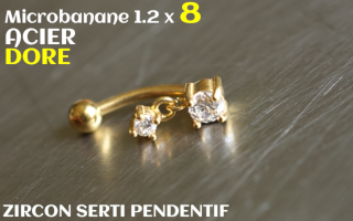 Banane 1.2 x 8 - Acier dore - zircons sertis cristal pendentif