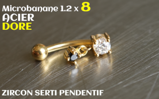Banane 1.2 x 8 - Acier dore - zircons sertis noir pendentif