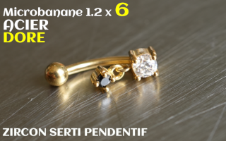 Banane 1.2 x 6 - Acier dore - zircons sertis noir pendentif