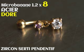 Banane 1.2 x 8 - Acier dore - zircons sertis amethyste pendentif