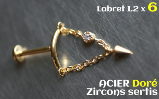 Labret 1.2 x 6 Acier Dore - zircons sertis