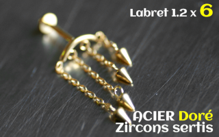 Labret 1.2 x 6 Acier Dore - zircons sertis