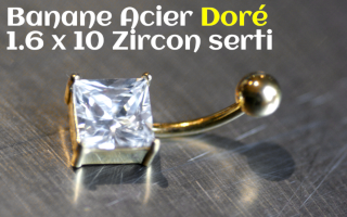 Bananes Acier 1.6x10 Zircon carre serti - Acier Dore