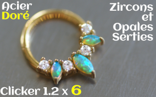 Clicker Acier Dore 1.2x6 zircon et opales serties