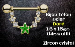 Bijou teton Acier 1.6 x 16 Acier Dore - zircon emeraude