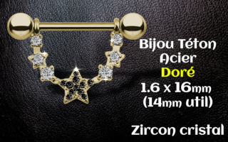 Bijou teton Acier 1.6 x 16 Acier Dore - zircon noir
