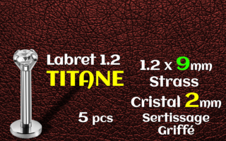 labret titane 1.2x9 - zircon cristal serti 2mm - vissage interne
