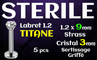 labret titane 1.2x9 - zircon cristal serti 3mm - vissage interne - STERILE