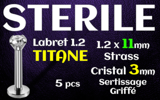 labret titane 1.2x11 - zircon cristal serti 3mm - vissage interne - STERILE