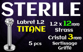 labret titane 1.2x12 - zircon cristal serti 3mm - vissage interne - STERILE