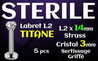 labret titane 1.2x14 - zircon cristal serti 2mm - vissage interne - STERILE