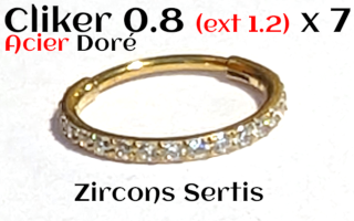 Clicker 0.8 (ext. 1.2) x 7 - Acier Dore - zircons cristal sertis - Partie externe avec zircons mesure 1.2mm