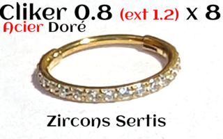 Clicker 0.8 (ext. 1.2) x 8 - Acier Dore - zircons cristal sertis - Partie externe avec zircons mesure 1.2mm