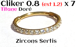 Clicker 0.8 (ext. 1.2) x 7 - Titane Dore - zircons cristal sertis - Partie externe avec zircons mesure 1.2mm