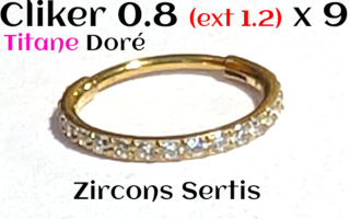 Clicker 0.8 (ext. 1.2) x 9 - Titane Dore - zircons cristal sertis - Partie externe avec zircons mesure 1.2mm