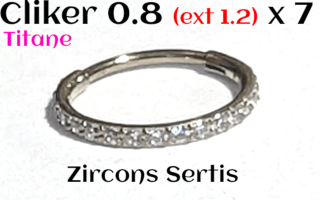Clicker 0.8 (ext. 1.2) x 7 - Titane - zircons cristal sertis - Partie externe avec zircons mesure 1.2mm