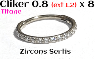 Clicker 0.8 (ext. 1.2) x 8 - Titane - zircons cristal sertis - Partie externe avec zircons mesure 1.2mm