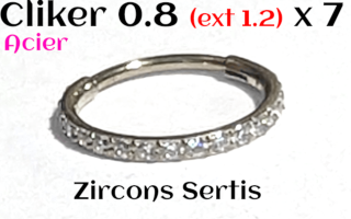 Clicker 0.8 (ext. 1.2) x 7 - Acier - zircons cristal sertis - Partie externe avec zircons mesure 1.2mm
