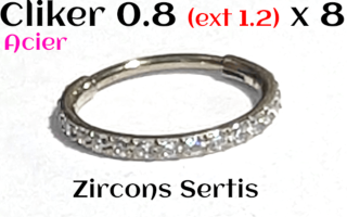 Clicker 0.8 (ext. 1.2) x 8 - Acier - zircons cristal sertis - Partie externe avec zircons mesure 1.2mm