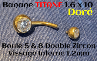 Banane Titane Doré 1.6x10 - boules 5&8 - double zircon sertis - vissage interne 1.2 mm