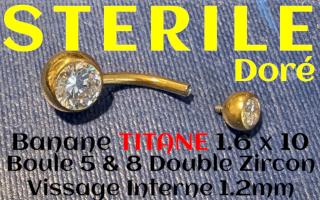 Banane Titane Doré 1.6x10 STERILE avec cone d insertion - boules 5&8 - double zircon sertis - vissage interne 1.2 mm