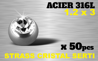 boule acier 316 - 1.2x3mm avec pierre cristal sertie