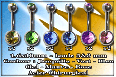 lot de 12 bananes acier 1.6x10 - boules 5 et 8mm - doubles pierres serties