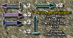 lot de 10 labret 1.2x8mm acier anodise avec cone 3x3mm