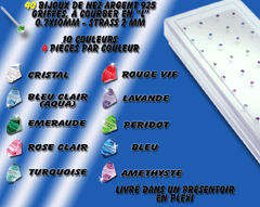 lot de 40 bijoux de nez en argent 925 griffes a courber en l10 mm de long - strass 2 mmlivre avec presentoir en plexi - 4 de chaque couleur