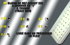 lot de 40 bijoux de nez en argent 925 a courber en l10 mm de long - strass noirlivre avec presentoir en plexi