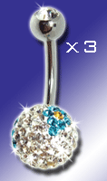 lot de 3 bananes acier 1.6x10 avec strass superieur cristal et boule light strass inferieur de 10 mm de diametre - model indentique a la photo.