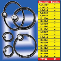 lot de 80 anneaux acier anodise noir avec strass cristal serti