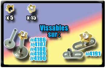 lot de 15 etoiles acier anodise or vissage americain 0.8mm - pour base (labret dermal, etc..) 1.2 mm externe.strass cristal et noir sertis 2 mm