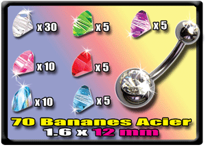 lot de 70 bananes acier 1.6x12 double strass sertis - boule 5 et 8mm