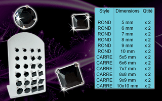 Presentoir de 24 boucle d'oreille zironc cristal noirs (12 paires) - argent 925