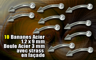 lot de 10 bananes acier 1.2 x 9 mm avec boules 3 mm strass en facade et cone 3x3 mm