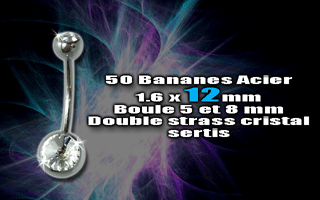 lot de 50 bananaes acier 1.6 x 12 mm double strass cristal sertis 5 et 8 mm.