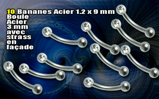 lot de 10 micro bananes acier 1.2 x 9 mm avec strass 3 mm en facade et boule 3 mm