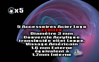 lot de 5 logo etoiles acier diametre 5 mm - vissage americain interne 1.2 mm equivalent a 1.6 mm externe. couvercle acrylique translucide effet loupe.