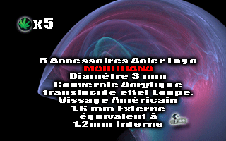 lot de 5 logo marijuana acier diametre 3 mm - vissage americain interne 1.2 mm equivalent a 1.6 mm externe. couvercle acrylique translucide effet loupe.