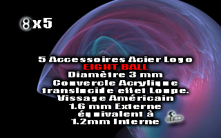 lot de 5 logo eight ball acier diametre 3 mm - vissage americain interne 1.2 mm equivalent a 1.6 mm externe. couvercle acrylique translucide effet loupe.