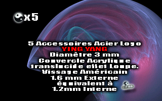 lot de 5 logo ying yang acier diametre 3 mm - vissage americain interne 1.2 mm equivalent a 1.6 mm externe. couvercle acrylique translucide effet loupe.